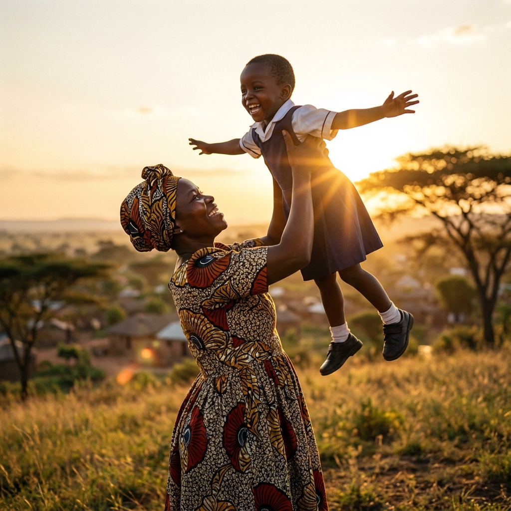 Mother lifting child toward the sky